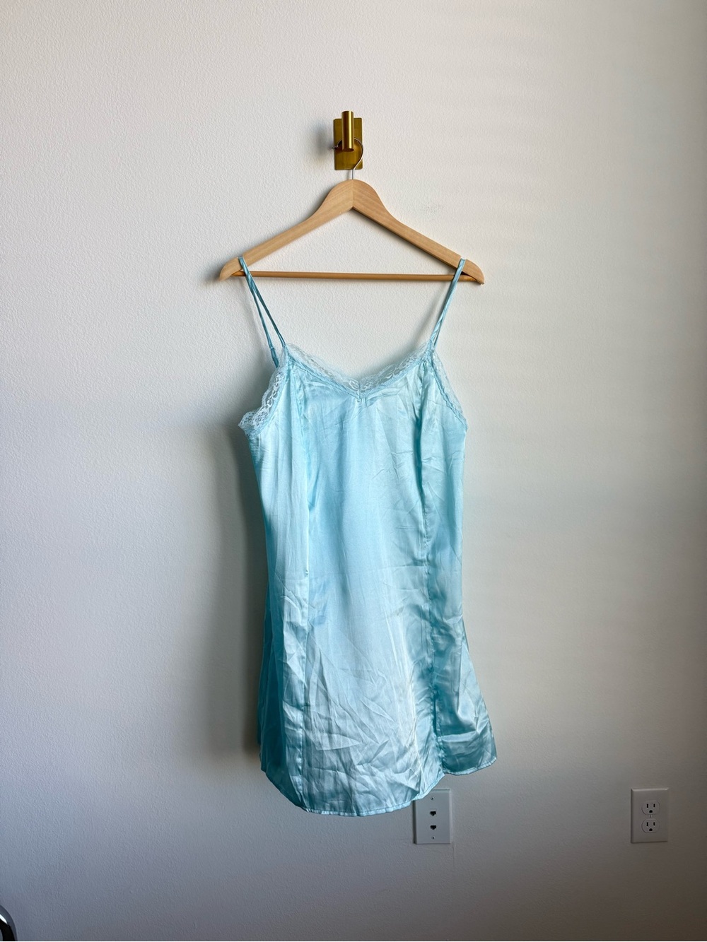 Vintage Satin Slip Dress Nightgown Lace Trim Light Blue Adjustable Straps OS - Picture 5 of 8